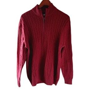 IZOD Men's Quarter Zip Cable Knit Sweater XL Red Cotton Blend Academia Preppy